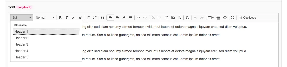 TYPO3 Rich Text Editor Block Styles Backend