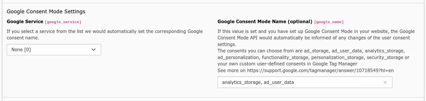 Google Consent Mode Settings