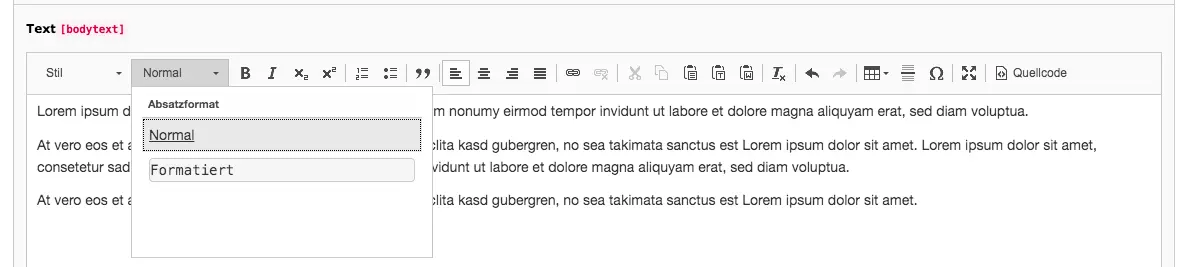TYPO3 Rich Text Editor Paragraph Format Backend