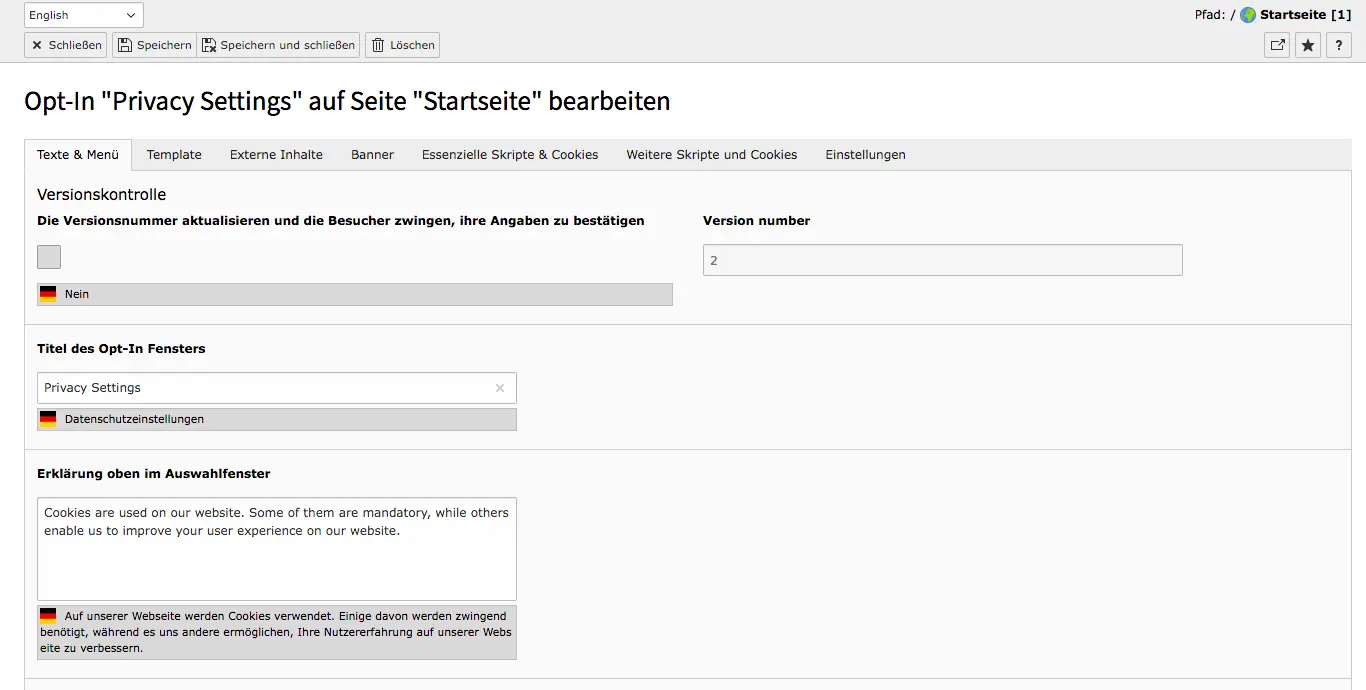 TYPO3 Cookie OptIn Example Settings for English Translation