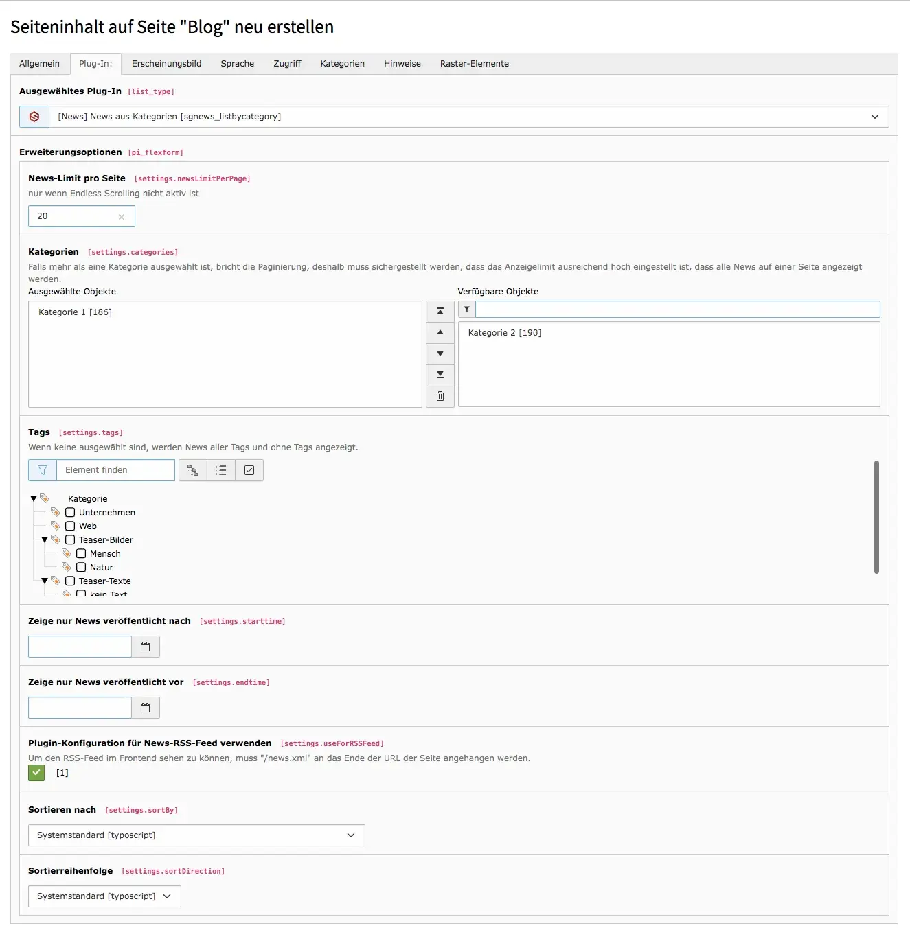 TYPO3 Content Element News by Categories/Tags Backend Tab Plugin