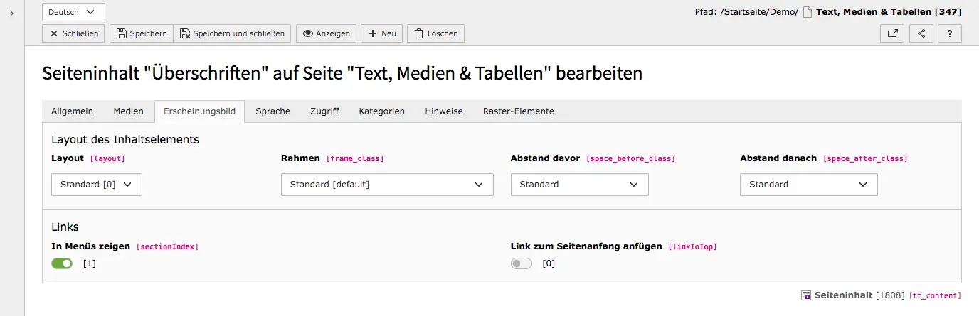TYPO3 Content Element Tab Appearance