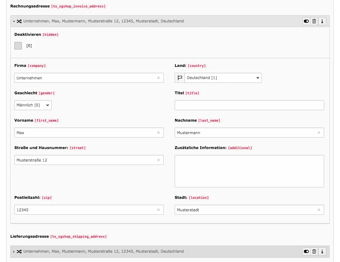 TYPO3 Modul Frontend-Benutzer bearbeiten Reiter Shop Rechnungadresse