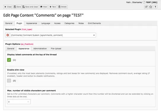 TYPO3 Content Elements Plugins Comments Backend Tab Plugin Appearance