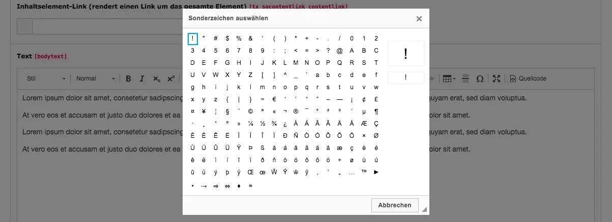 TYPO3 RTE Rich Text Editor Special Characters
