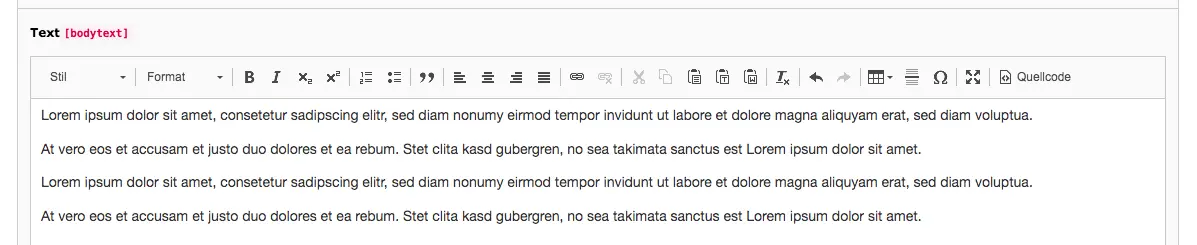 TYPO3 RTE Rich Text Editor with Text