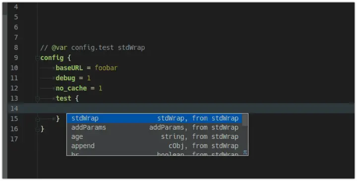 Das TypoScript-Plugin bietet vollen IDE-Support für die Konfigurationssprache TypoScript