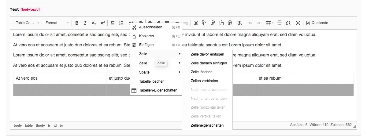 TYPO3 RTE Rich Text Editor Table Editing Options