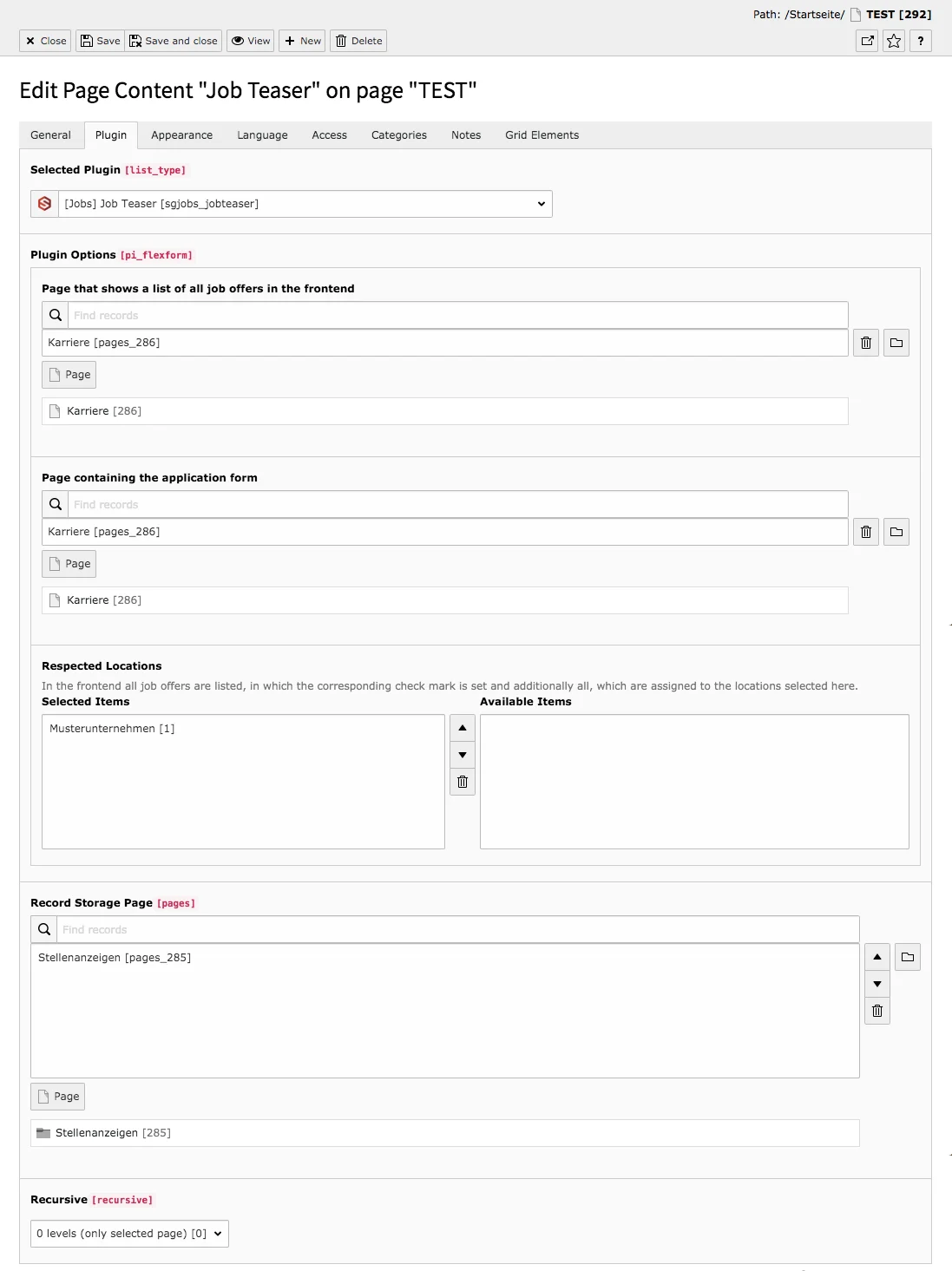 TYPO3 Content Element Plugins Job Teaser Backend Tab Plugin