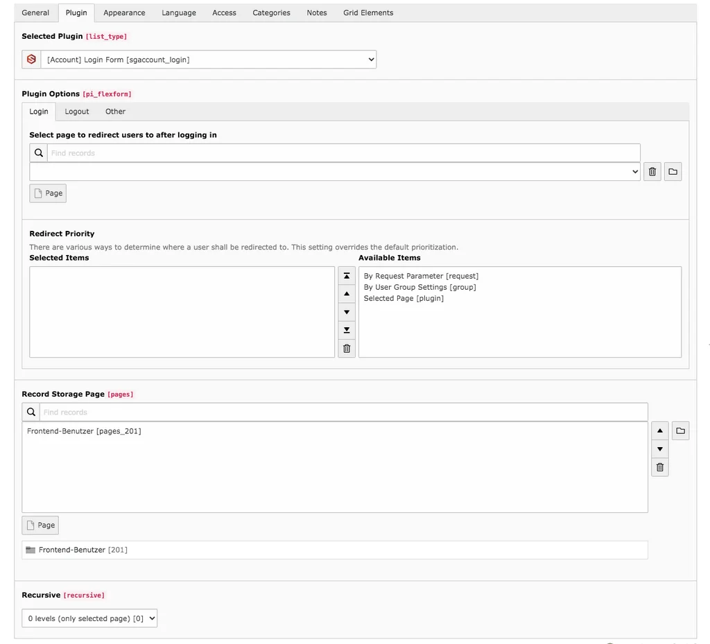 TYPO3 Content Element Account Login Backend Tab Plugin 