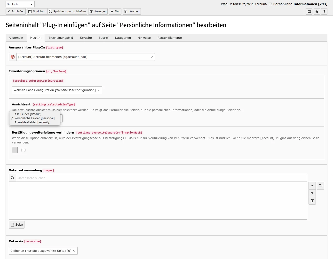 TYPO3 Inhaltselement Account bearbeiten Backend Reiter Plug-In