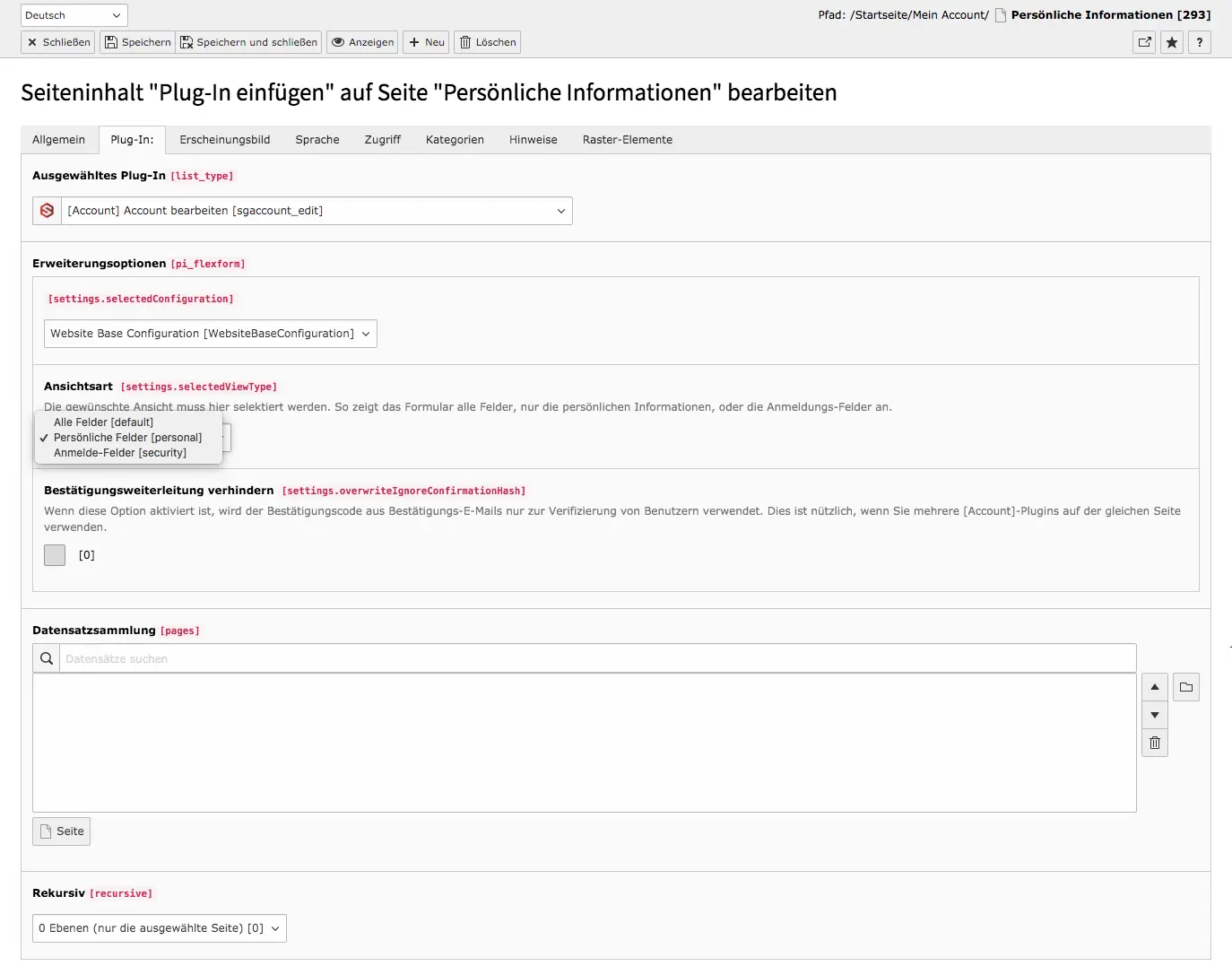 TYPO3 Inhaltselement Account bearbeiten Backend Reiter Plug-In