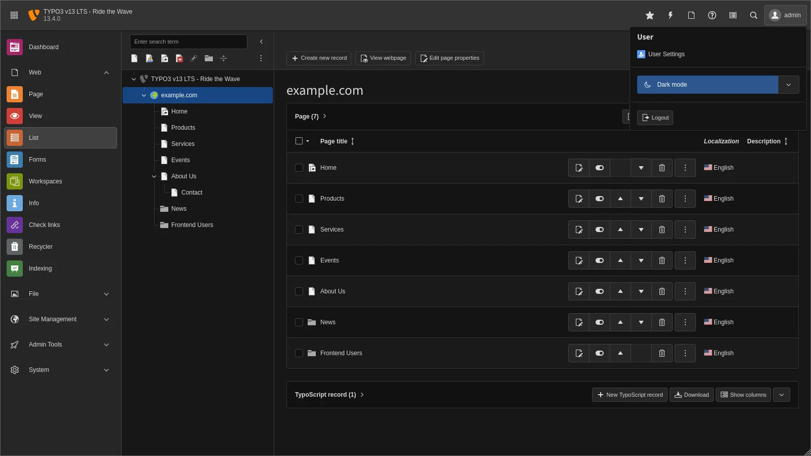 TYPO3 backend in dark mode