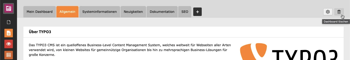 TYPO3 Backend Module Delete dashboard