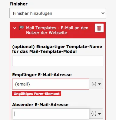 TYPO3 Modul Formulare Finisher Mail Templates Ungültiges Form-Element