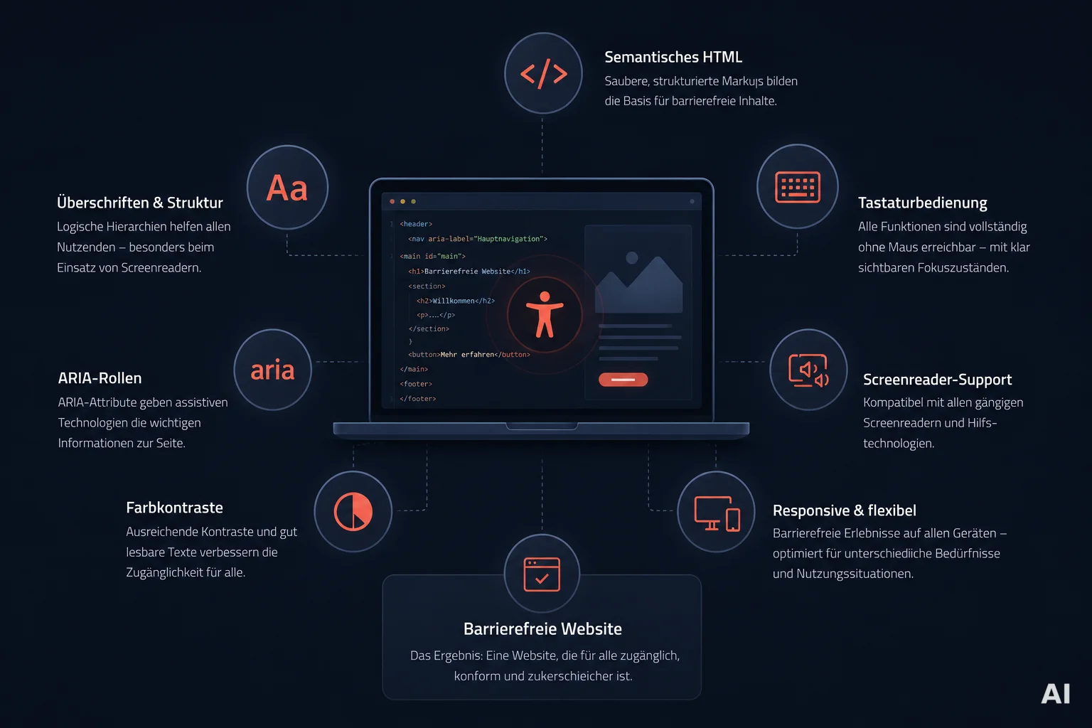Infografik zu barrierefreien Websites: Laptop mit HTML-Code, umgeben von Icons zu ARIA, Kontrast, Tastatur & Screenreader.