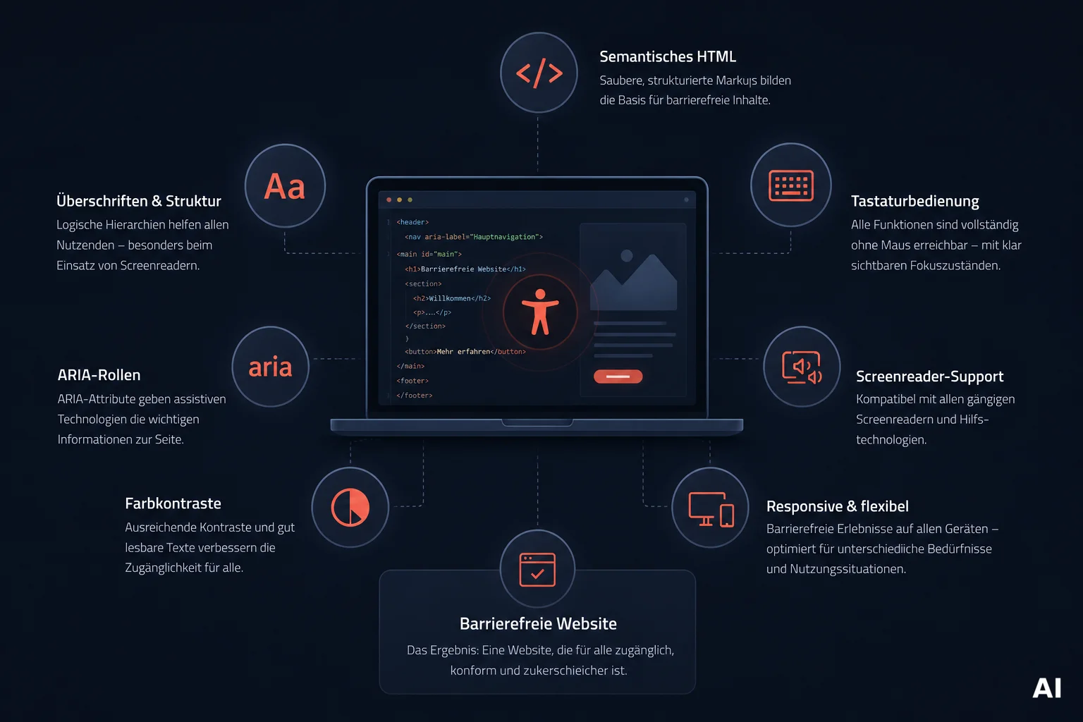Infografik zu barrierefreien Websites: Laptop mit HTML-Code, umgeben von Icons zu ARIA, Kontrast, Tastatur & Screenreader.