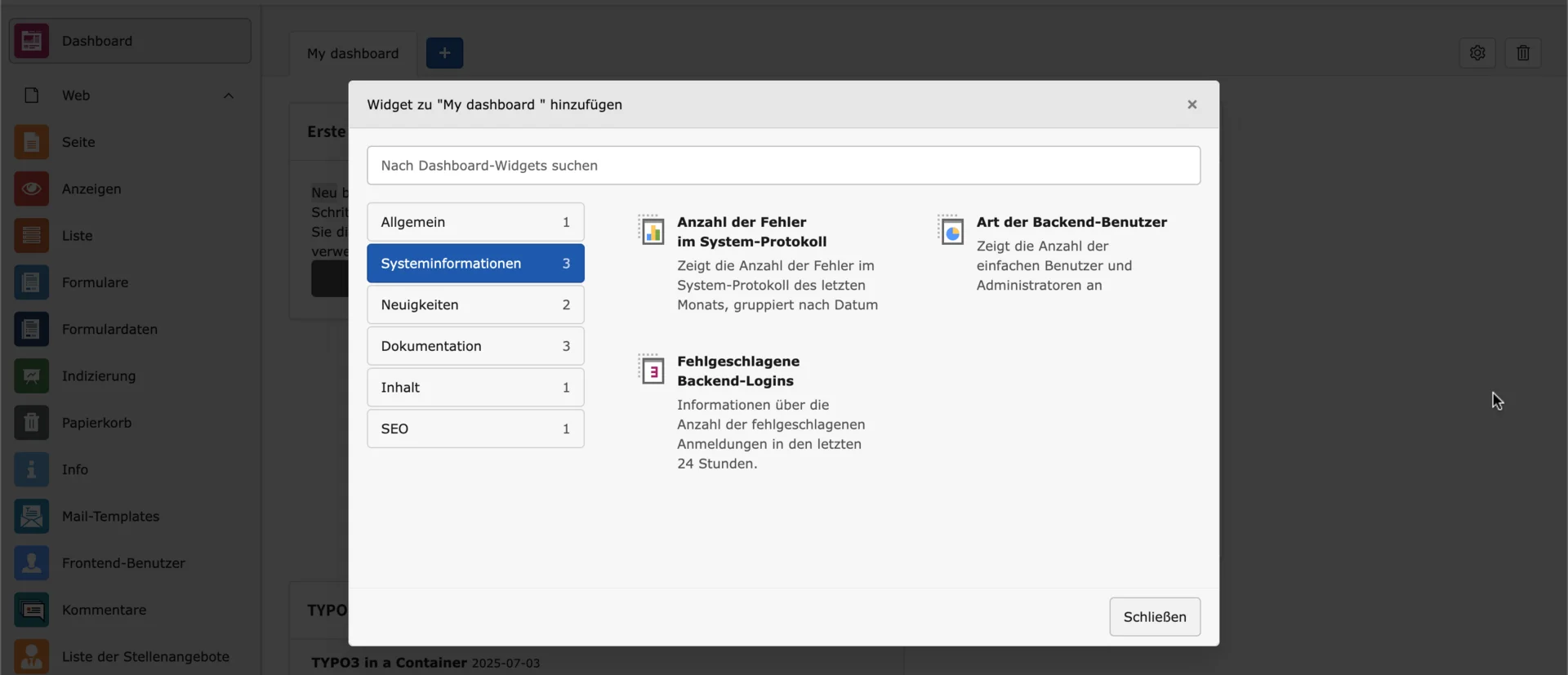 TYPO3 Backend Modul Dashboard Widget Tab Systeminformationen