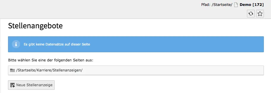 TYPO3 Modul Liste der Stellenangebote Keine Datensätze