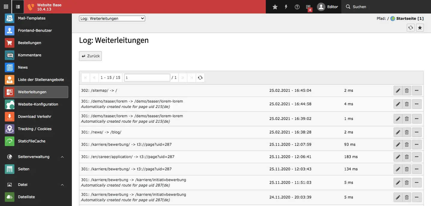 TYPO3 Backend Modul Weiterleitungen Log