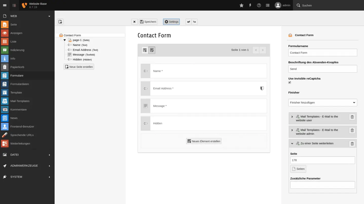 TYPO3 Backend Module Forms Edit Contact Form