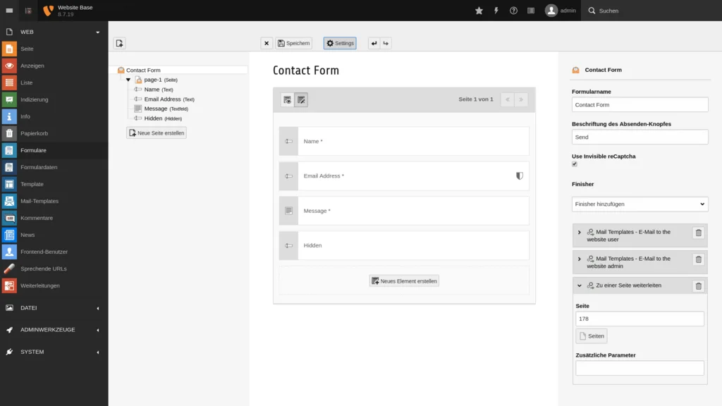 TYPO3 Backend Modul Formulare Kontaktformular bearbeiten