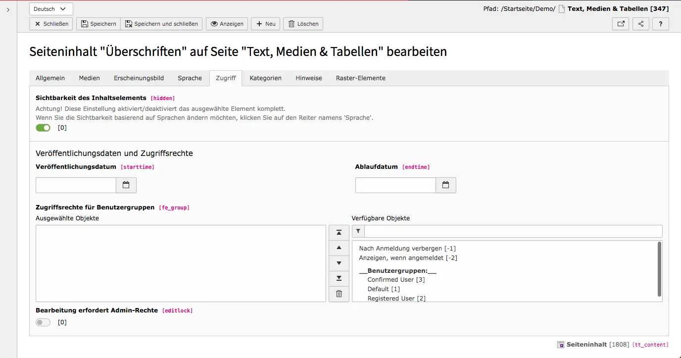 TYPO3 Inhaltselement Tab Zugriff