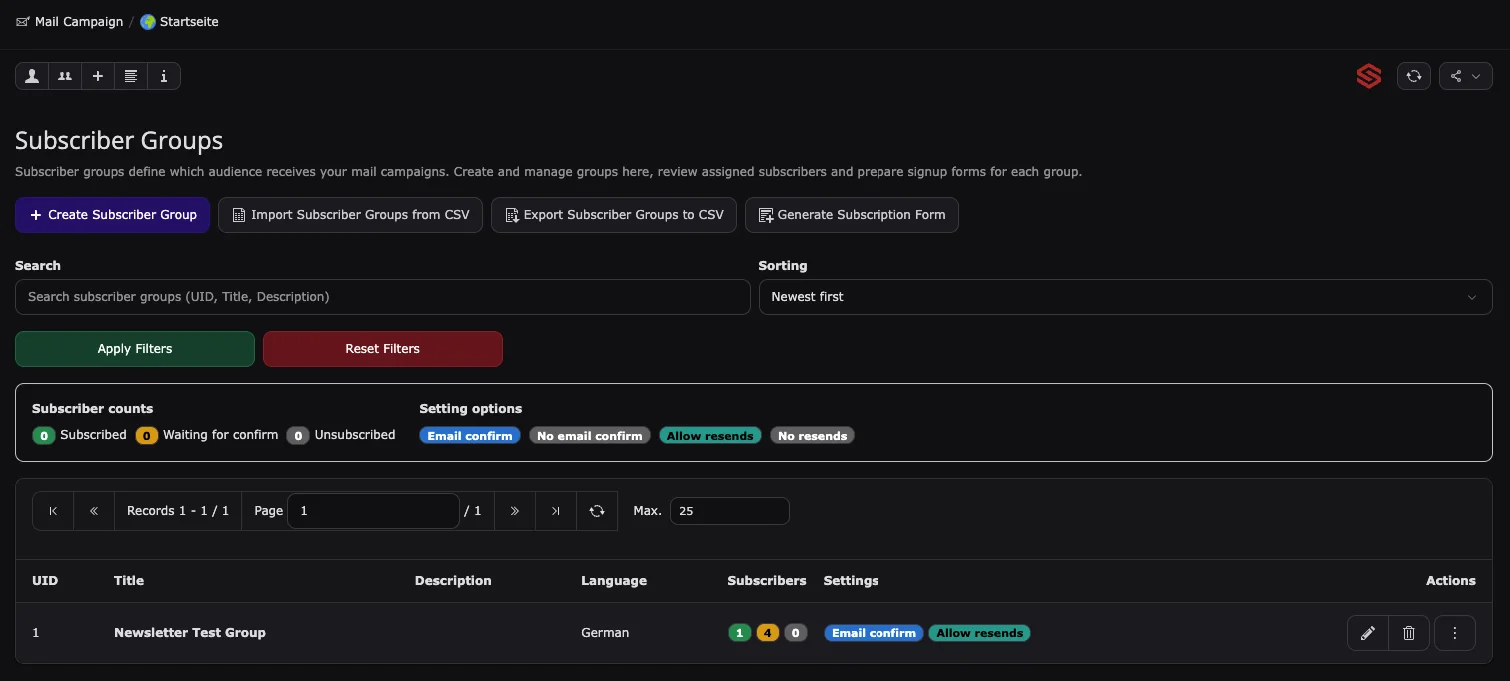 Subscriber Groups management UI with create/import/export buttons, filters, and a table listing one newsletter test group.