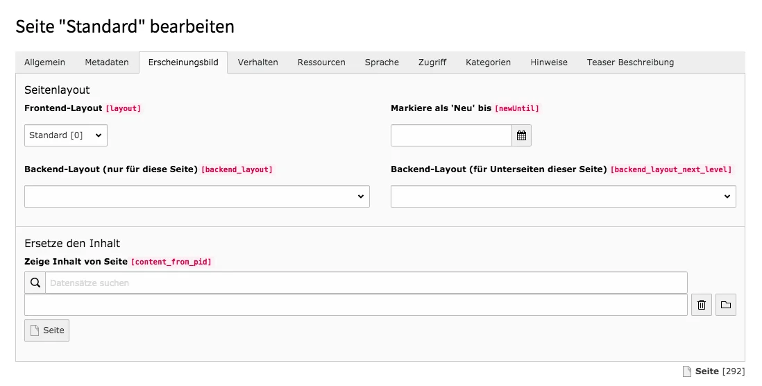 TYPO3 Seiteneigenschaften Reiter Erscheinungsbild