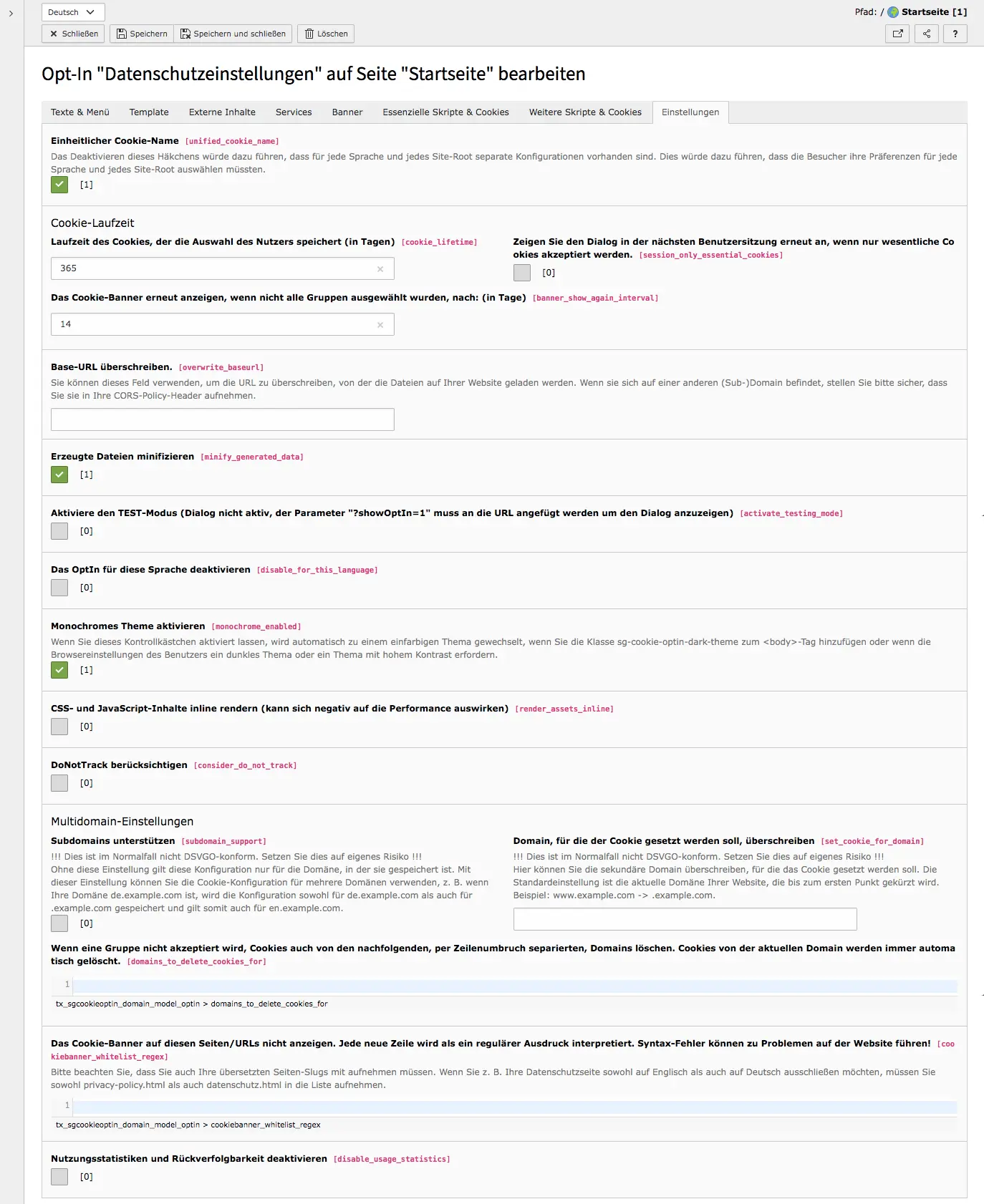 TYPO3 Cookie Opt-In Tab Einstellungen