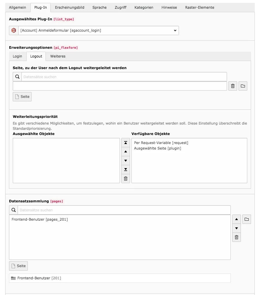 TYPO3 Account Inhaltselement Anmeldeformular Backend Reiter Plug-In