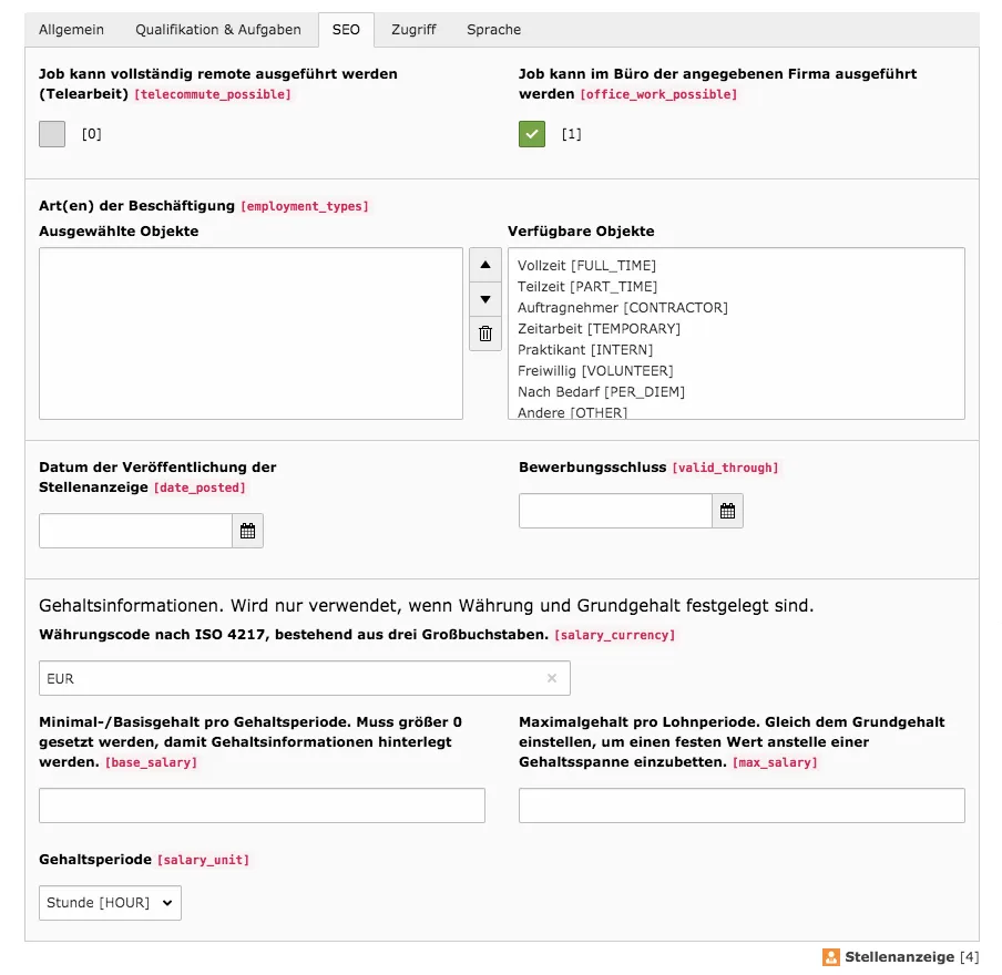 TYPO3 Modul Liste der Stellenangebote Reiter SEO