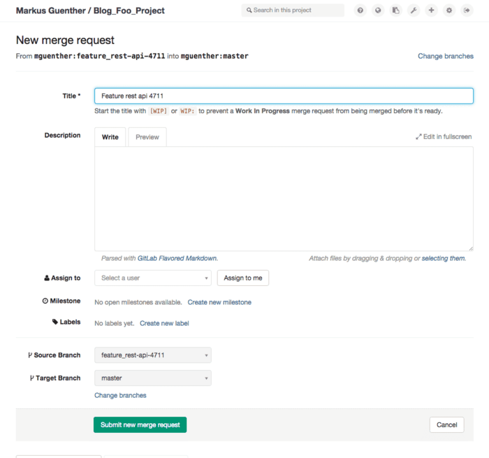 Merge-Request Erstellen-Formular