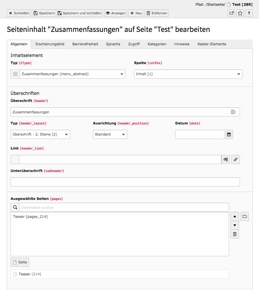 TYPO3 Inhaltselement Menü Zusammenfassungen Reiter Allgemein