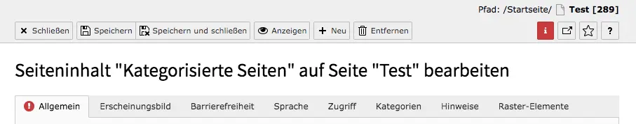 TYPO3 Kategorisierte Inhalte Reiter Allgemein Hinweis