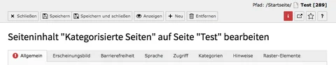 TYPO3 Kategorisierte Inhalte Reiter Allgemein Hinweis