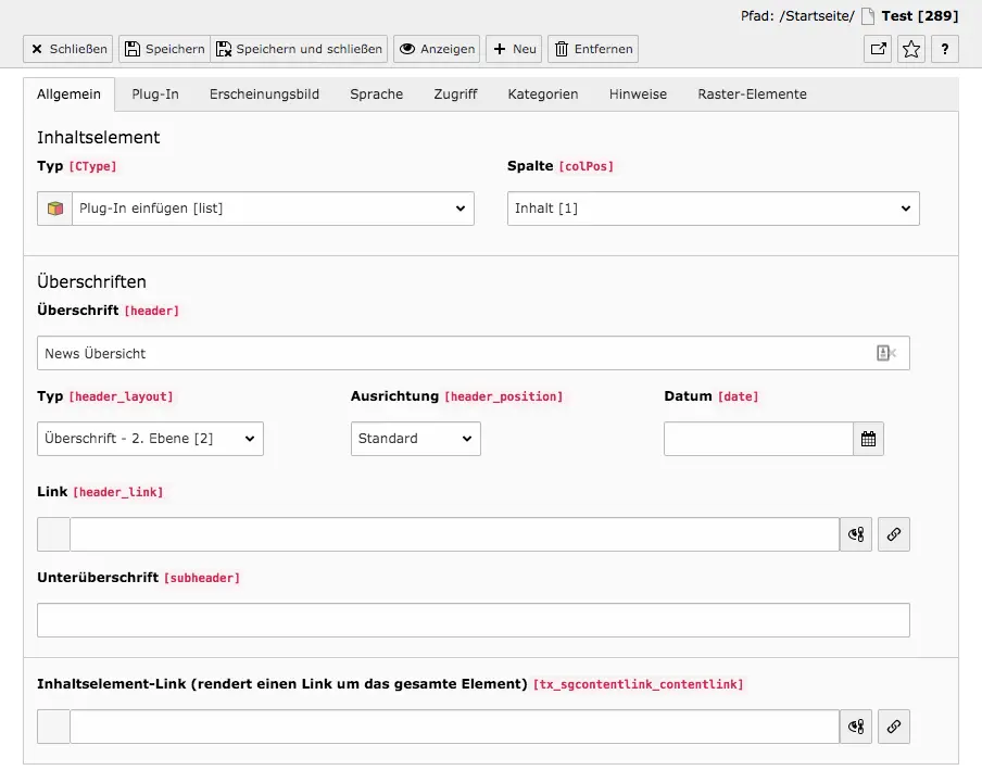 TYPO3 News Inhaltselemente Reiter Allgemein