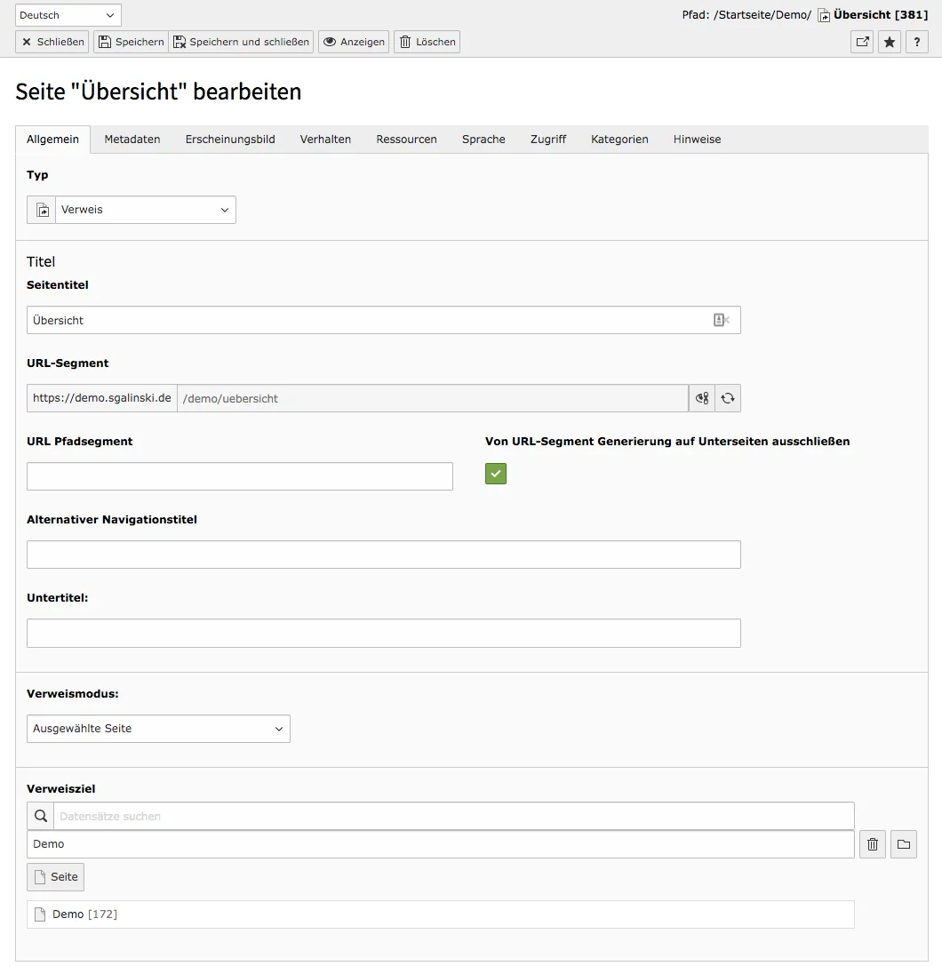 TYPO3 Seiteneigenschaften Verweis Seite Reiter Allgemein