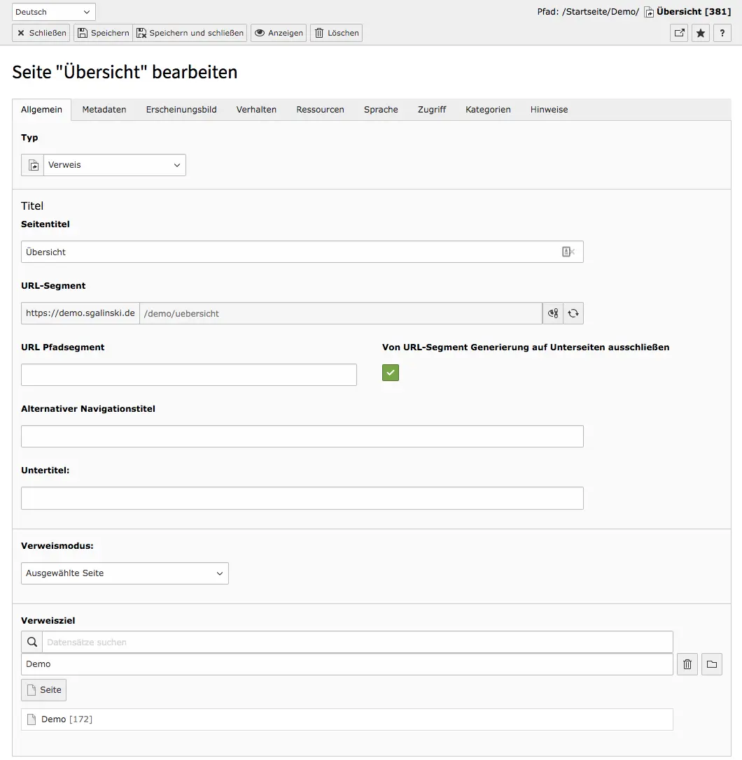 TYPO3 Seiteneigenschaften Verweis Seite Reiter Allgemein