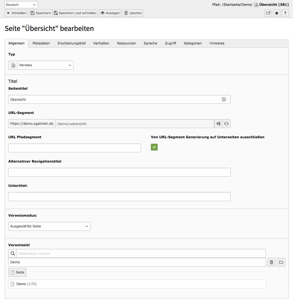 TYPO3 Seiteneigenschaften Verweis Seite Reiter Allgemein