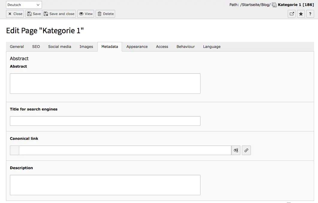 TYPO3 Page Properties Category Page Tab Metadata