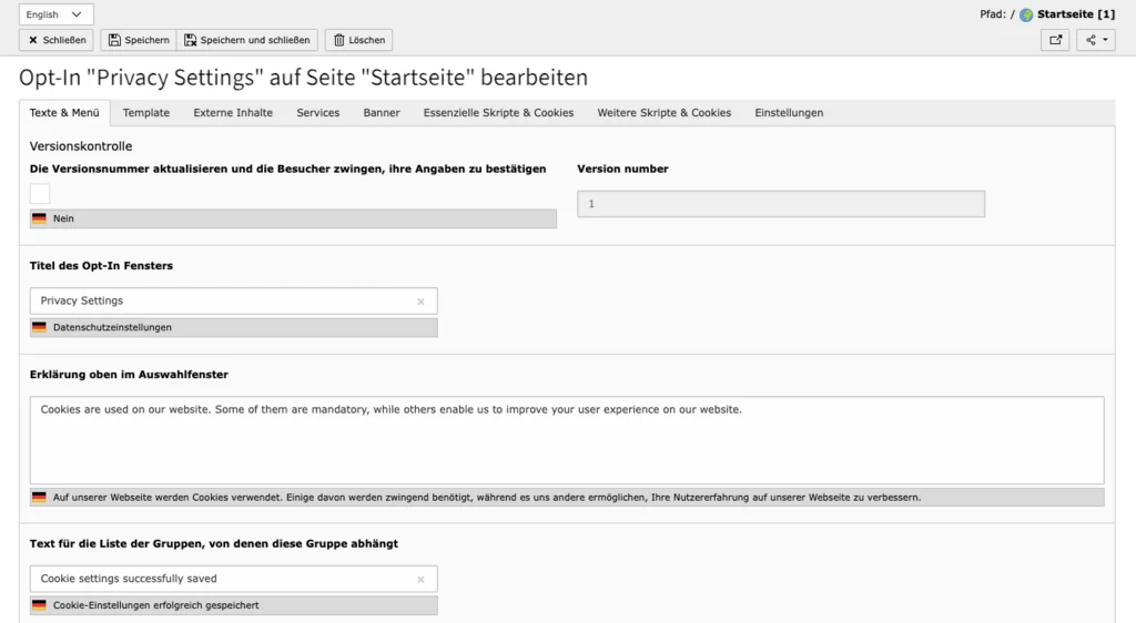 TYPO3 Cookie OptIn Beispiel Einstellungen für Englische Seite