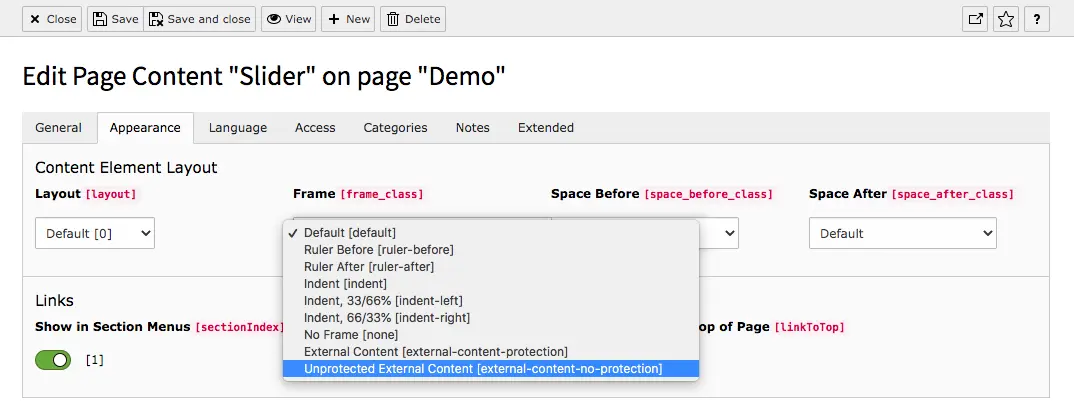 TYPO3 Content Element Tab Appearance Unprotected external Content