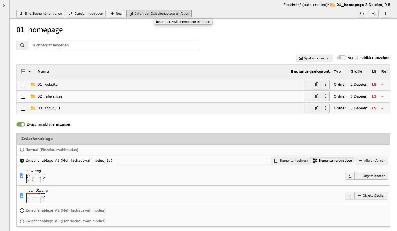 TYPO3 Modul Dateiliste Inhalte der Zwischenablage einfügen