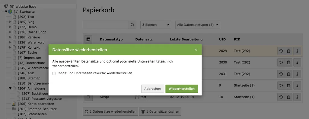 TYPO3 Modul Papierkorb Datensätze wiederherstellen