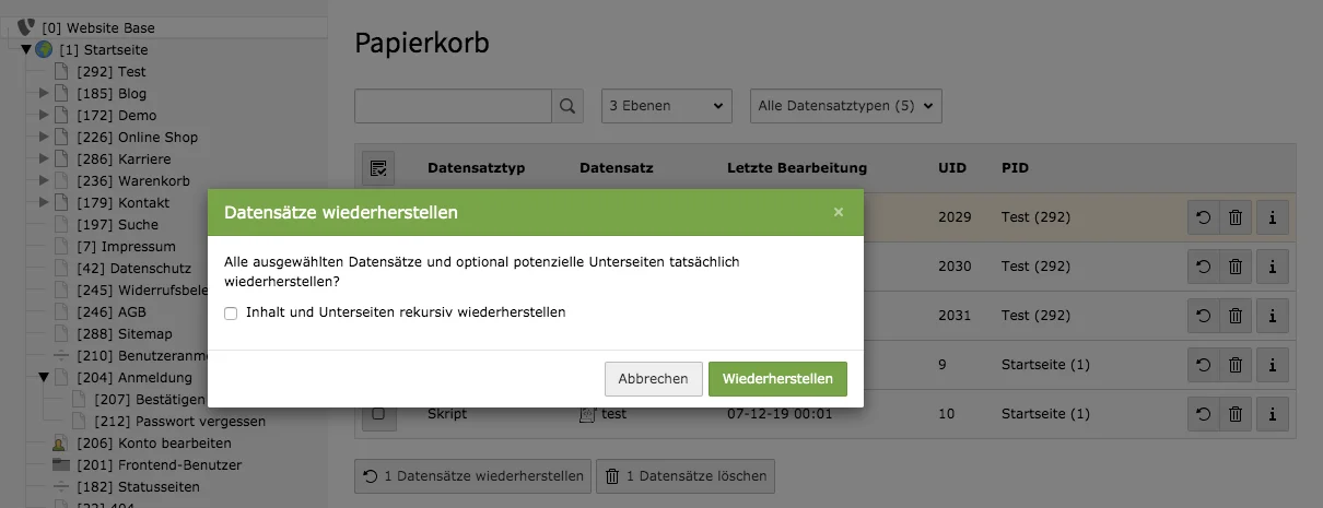TYPO3 Modul Papierkorb Datensätze wiederherstellen