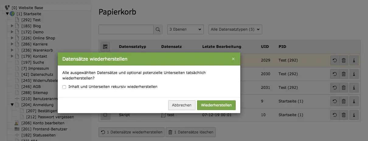 TYPO3 Modul Papierkorb Datensätze wiederherstellen