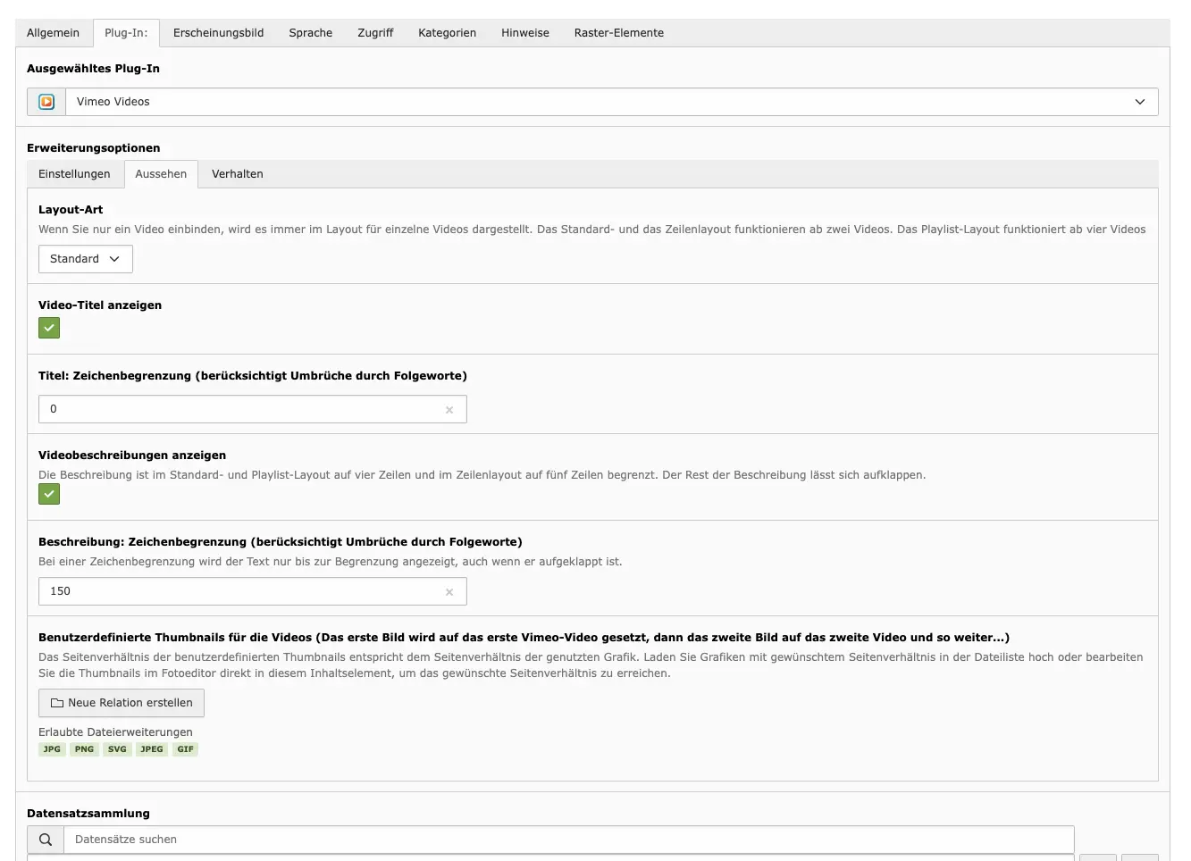 TYPO3 Inhaltselement Vimeo Plug-In Backend Reiter Plug-In: Aussehen