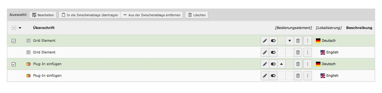 TYPO3 Modul Liste – Optionen für auswählte Datensätze