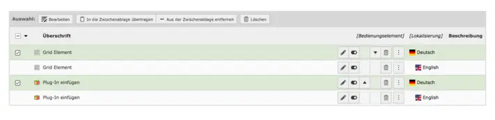 TYPO3 module list – options for selected records